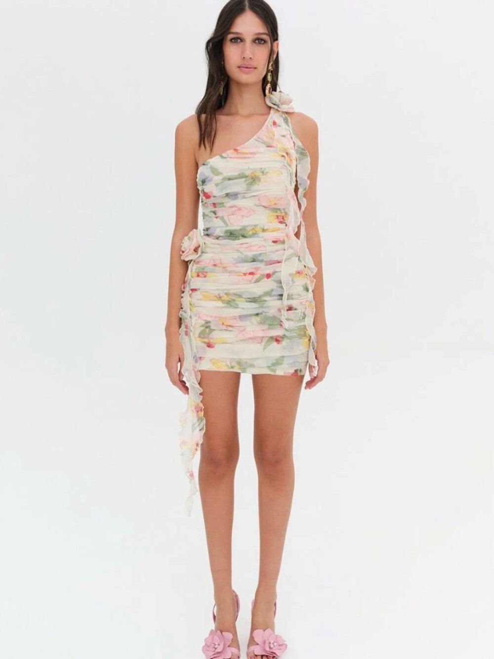 For Love & Lemons Abby One Shoulder Floral Ruched Chiffon Mini Dress M NWT - Picture 2 of 9